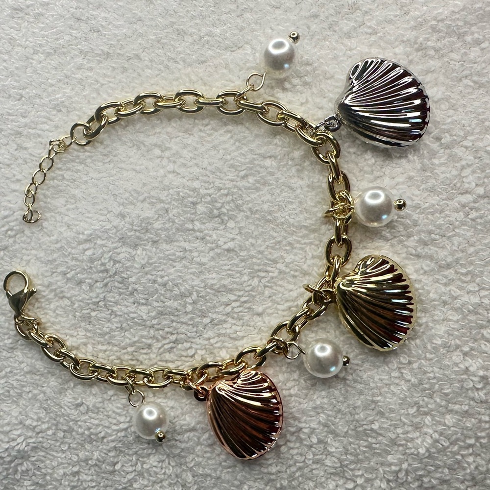Mixed Metals Shells Charms with Pearls and 14k gold plated bracelet